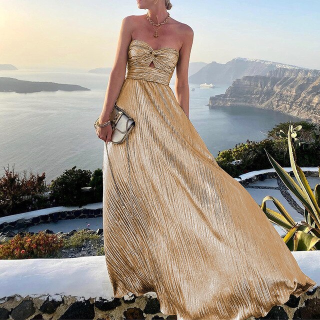 Isabella – Vestido largo plisado sin tirantes