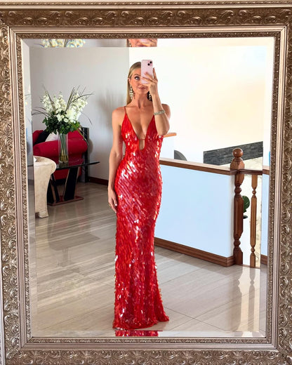 Valentina - Vestido largo de lentejuelas con tirantes finos mujer