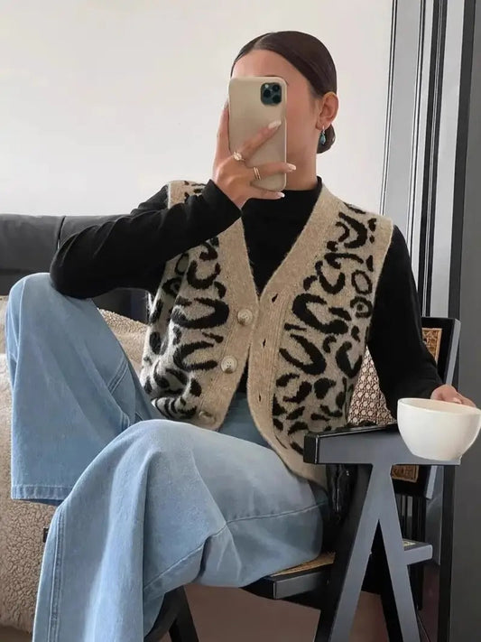 Claudia - Chaleco de mujer tejido con estampado animal print
