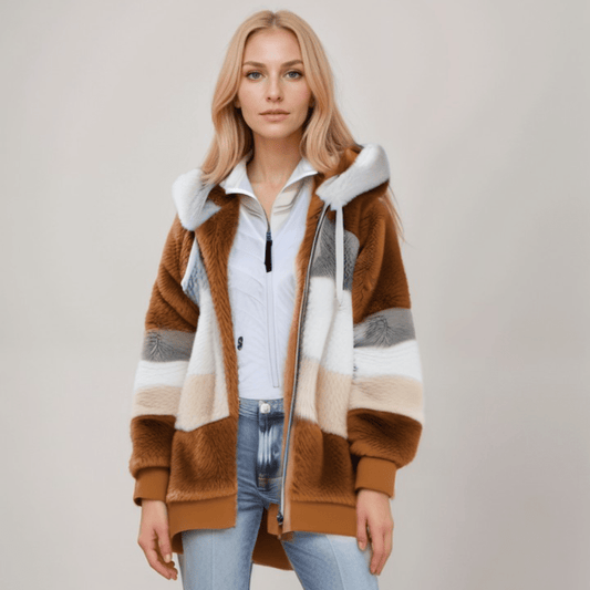 Natalia - Chaqueta de mujer con capucha y diseño a rayas en pelo sintético