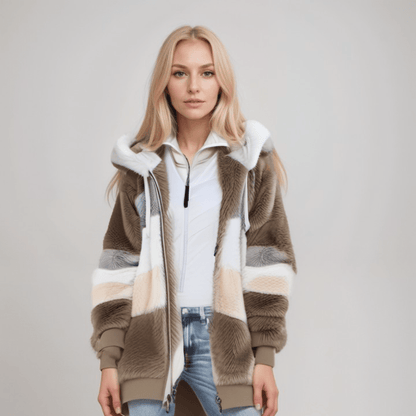 Natalia - Chaqueta de mujer con capucha y diseño a rayas en pelo sintético