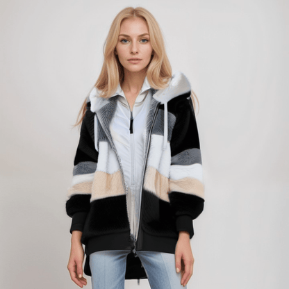 Natalia - Chaqueta de mujer con capucha y diseño a rayas en pelo sintético