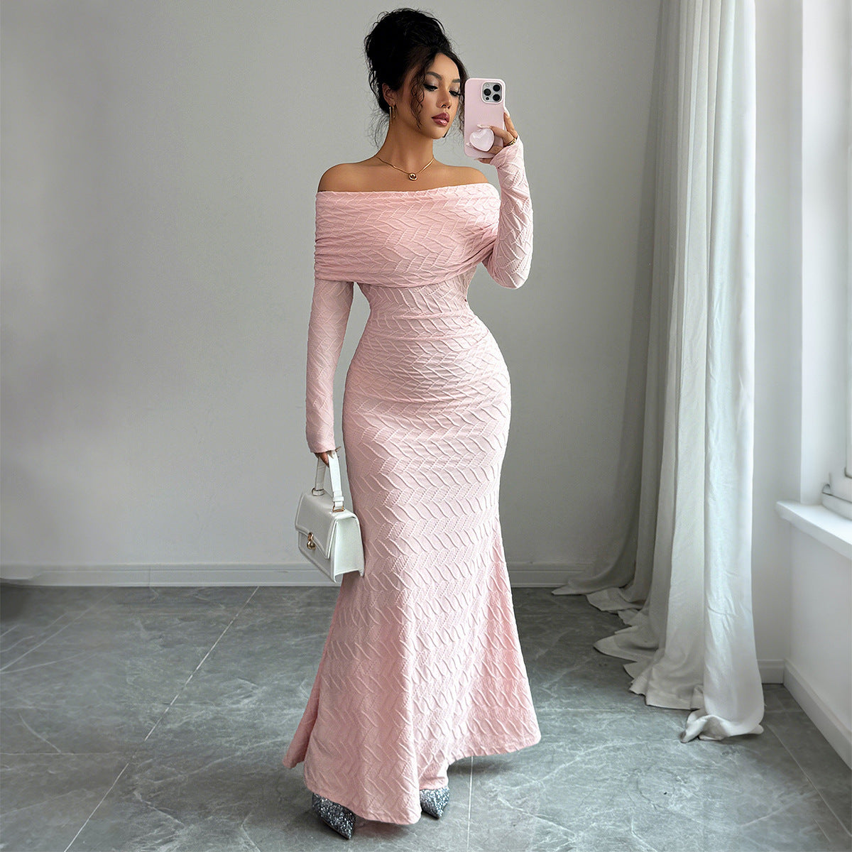 Camila – Vestido largo palabra de honor con mangas largas para mujer