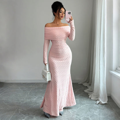 Camila – Vestido largo palabra de honor con mangas largas para mujer