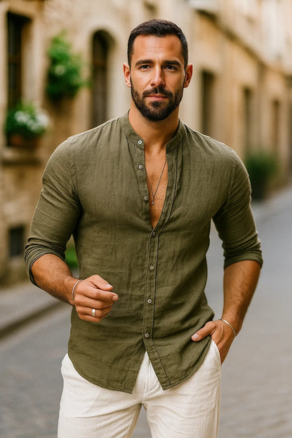 Gael – Camisa de lino con cuello mao y estilo casual elegante