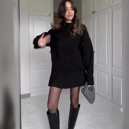 Sophia - Conjunto de suéter oversize y minifalda negra mujer