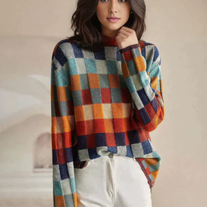 Marina – Jersey de Cuadros Retro de Cuello Alto para Mujer