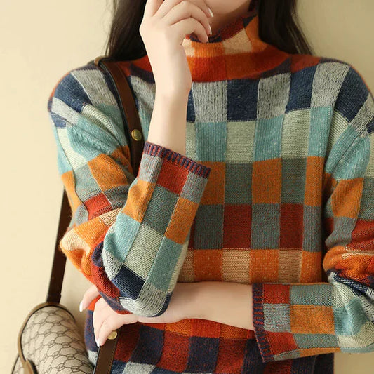 Marina – Jersey de Cuadros Retro de Cuello Alto para Mujer