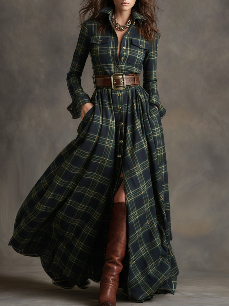 Helena – Vestido largo camisero con estampado de cuadros