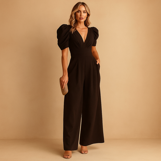 Camila - Mono elegante para mujer cuello en V manga abullonada