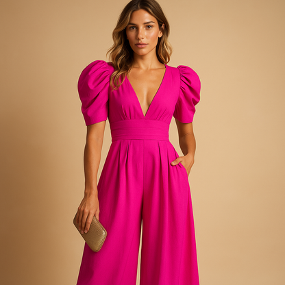 Camila - Mono elegante para mujer cuello en V manga abullonada