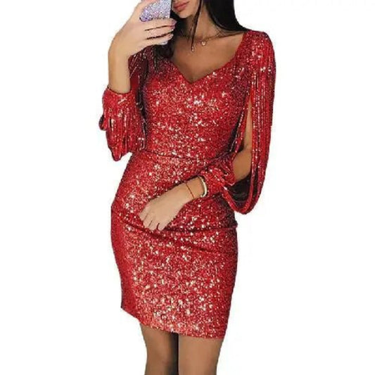 Selena - Vestido Brillante Mujer Manga Larga Con Aberturas