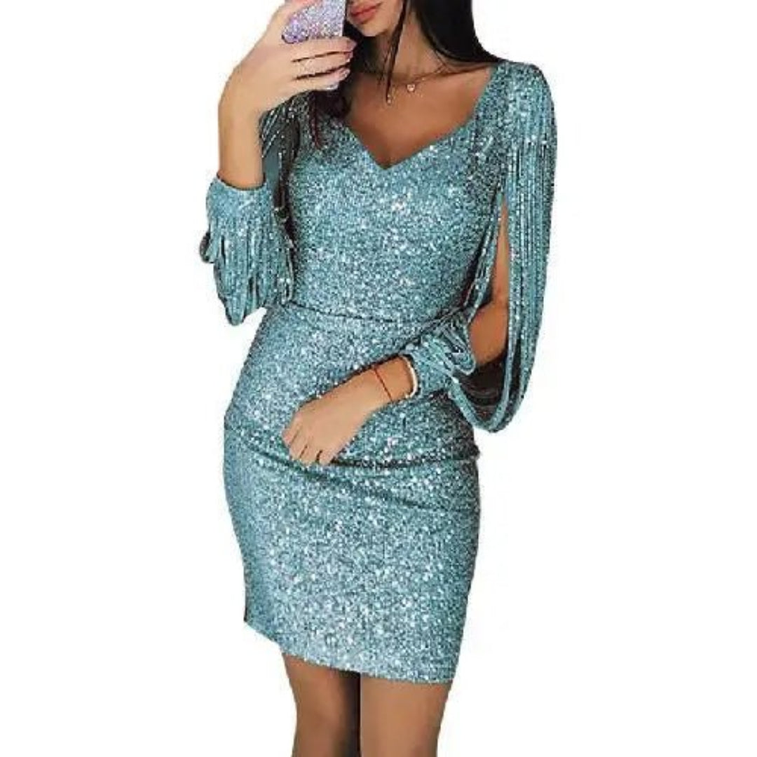 Selena - Vestido Brillante Mujer Manga Larga Con Aberturas