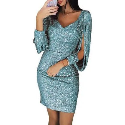 Selena - Vestido Brillante Mujer Manga Larga Con Aberturas