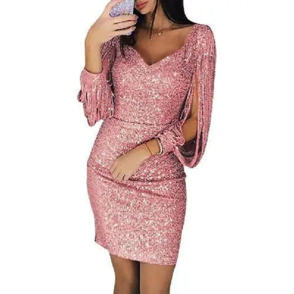 Selena - Vestido Brillante Mujer Manga Larga Con Aberturas