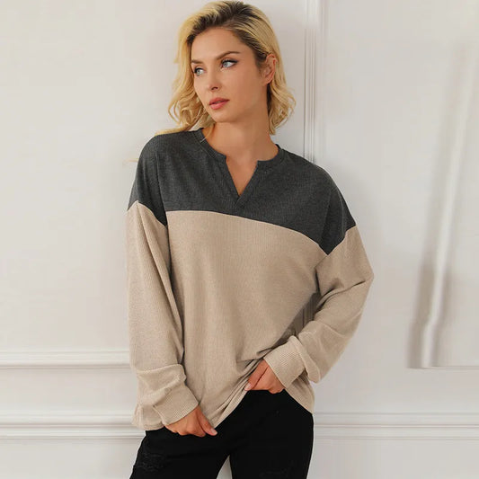 Elena – Jersey casual bicolor para mujer con cuello en V