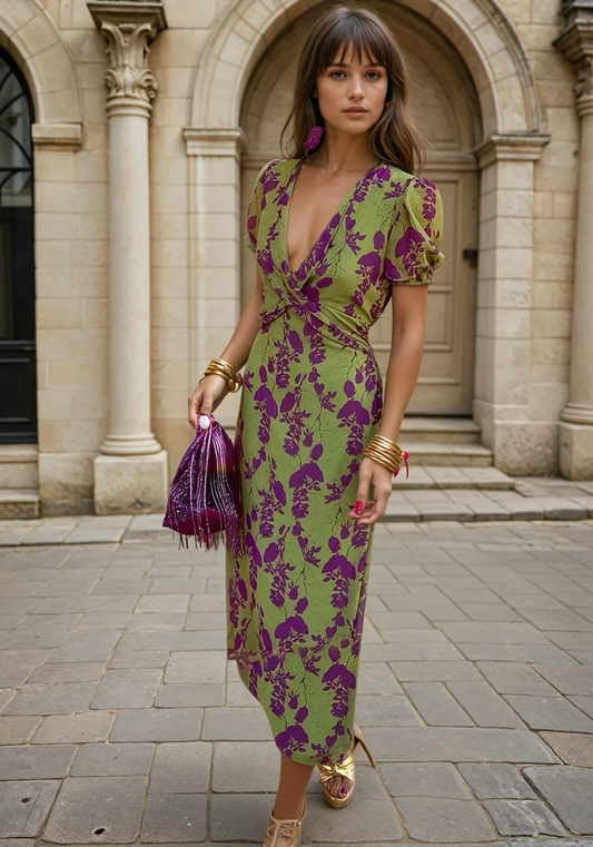 Clara – Vestido midi cruzado con estampado floral