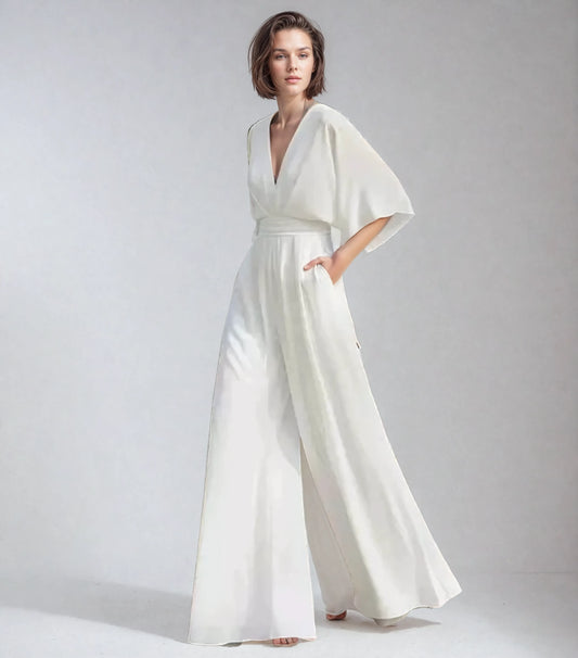 Julia – Mono Elegante de Pierna Ancha y Escote Cruzado para Mujer